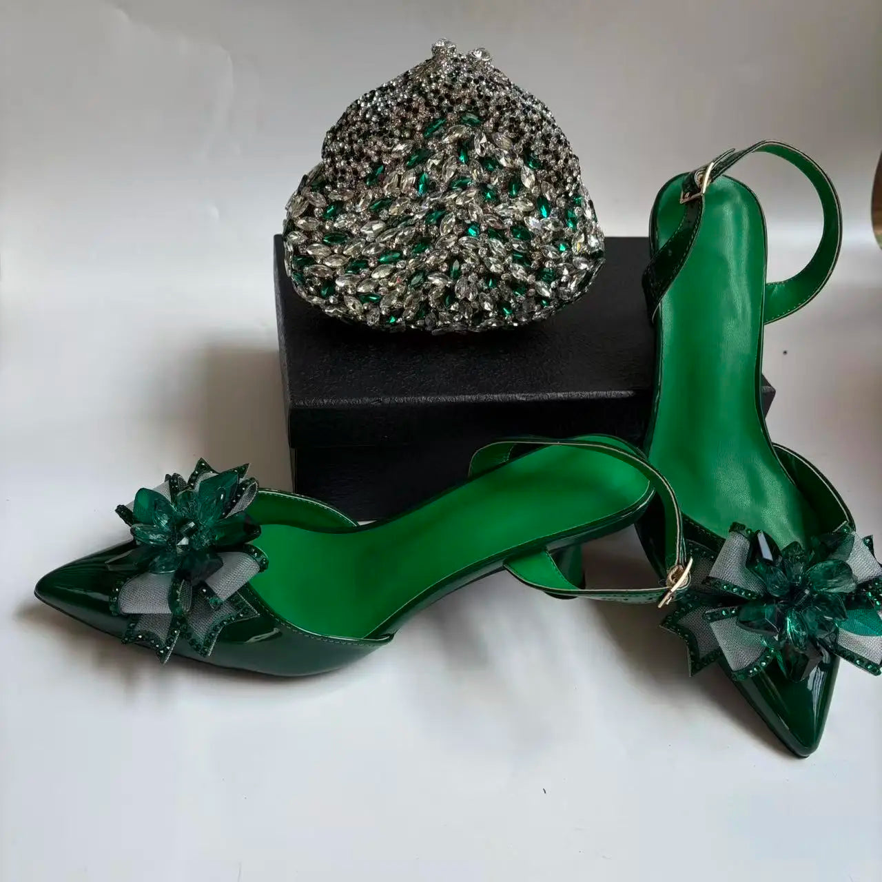 Insightlink Green Crystal High Heel with Bag Set for Bridal Wedding Party Designer Pointed Toe and Clutch Luxury Sandal Handbag