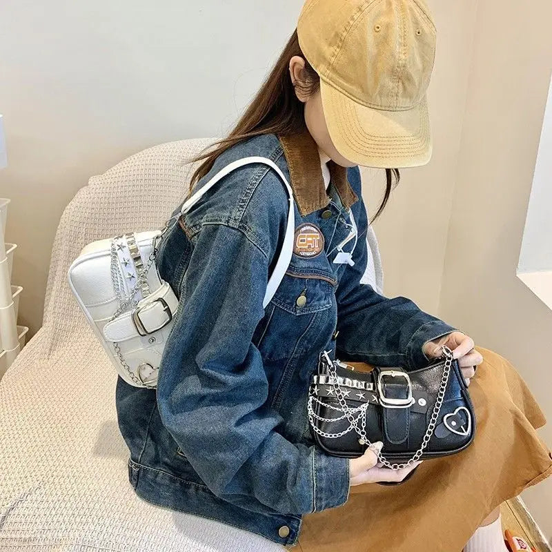 Fashion Hot Girls Square Shoulder Bags Retro Rivet Star Women's Underarm Bag Sweet Pu Leather Female Chain Handbags Pink Purse