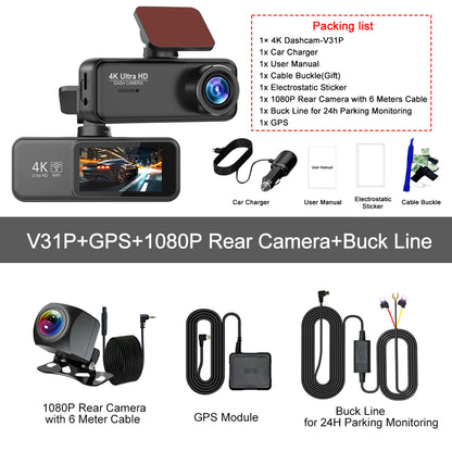 Kocam 4K Dash Cam Front and Rear Dual Channels Dashcam With 24H Parking Monitoring Night Vision DVR Recorder Black Box For Car