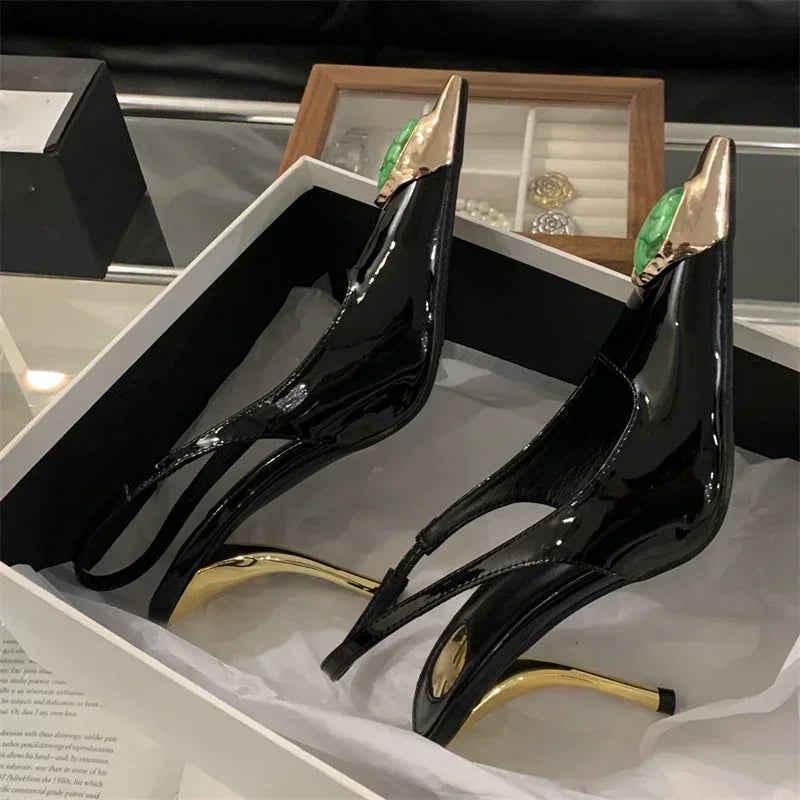 Aneikeh Street Style Design Metal Square Head Diamonds Woman Pumps Sandals Elegant Sexy Low-heel Banquet Prom Slingbacks Shoes