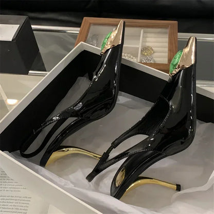 Aneikeh Street Style Design Metal Square Head Diamonds Woman Pumps Sandals Elegant Sexy Low-heel Banquet Prom Slingbacks Shoes