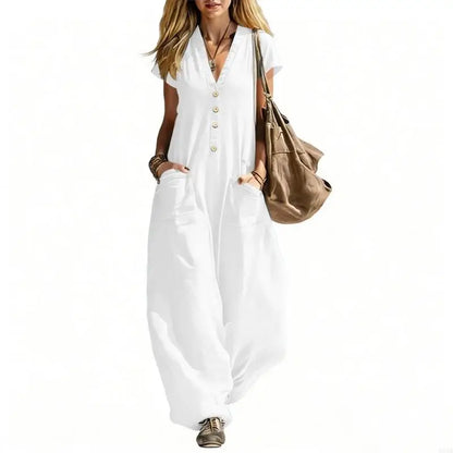 Jumpsuits for Women Linen Button Short Sleeve Jumpsuits Wide Leg V Neck Rompers Vacation Clothes with Pockets 6XDA
