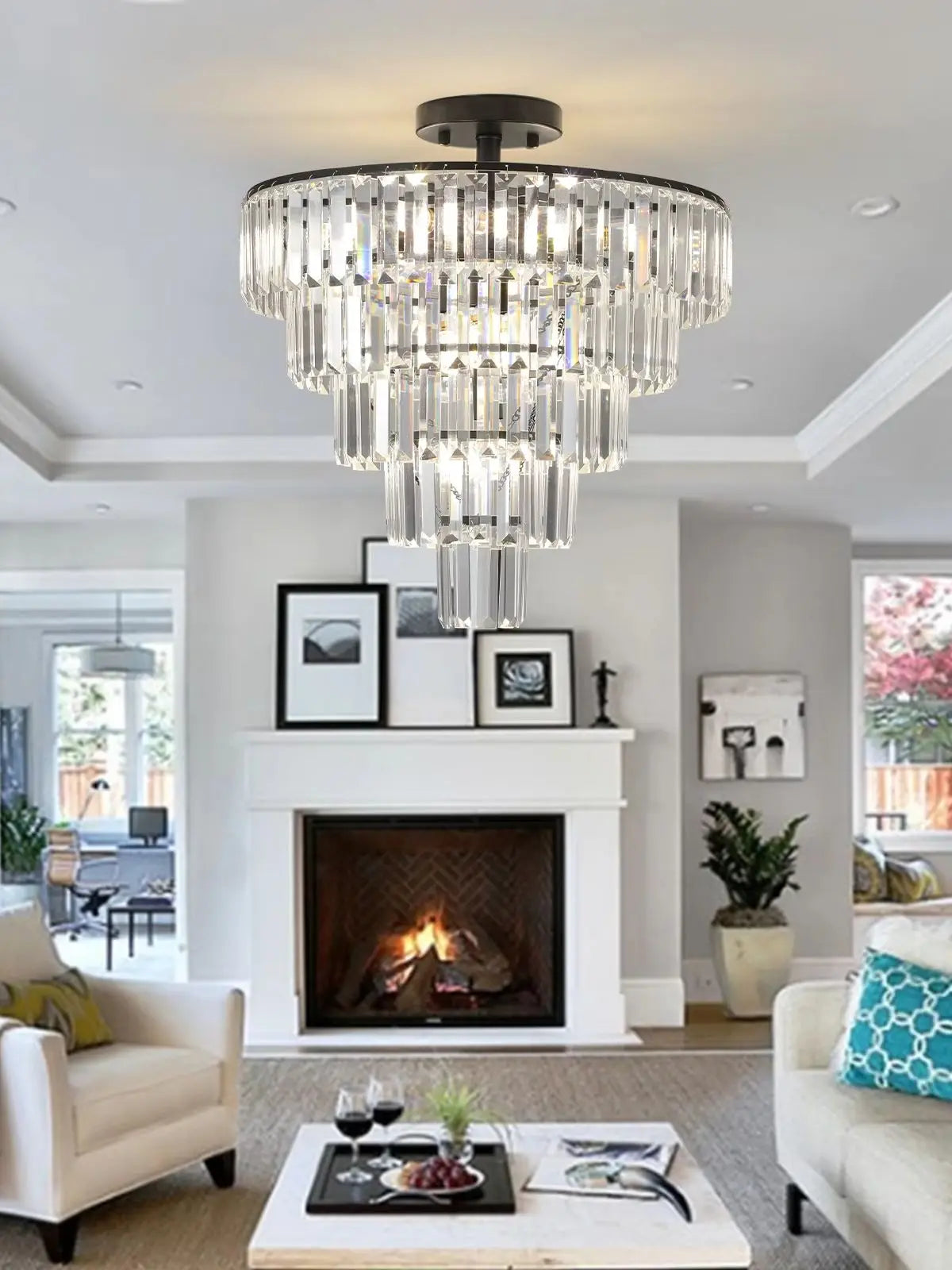 20" Black Crystal Chandelier Ceiling Light, Modern Luxury 10-Light Flush Mount Light Fixture, Elegant Home Lighting