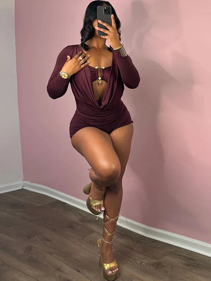 Sisterlinda Swinging Neck Playsuits Women Solid Metal Splice Cleavage Full Sleeve Stretch Sexy Slim Romers Chic Trend Clubwear