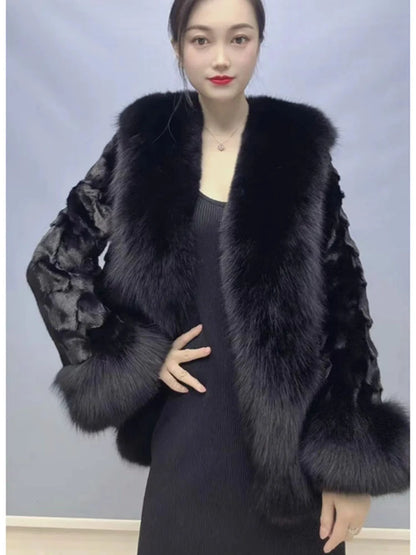OFTBUY 2023 New Autumn Winter Women Real Mink Fur Outerwear Big Collar Coat High Quality Luxury Warm Middle Length Cardigan