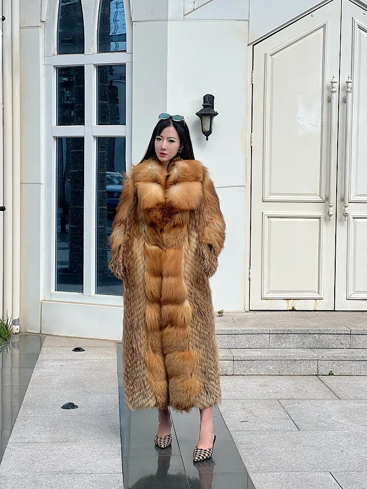 European and American big brand light luxury rare red fox fox fur coat women's long aura high-end catwalk young style winter