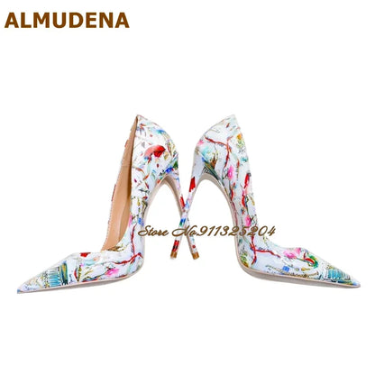 ALMUDENA White Patent Leather Eiffel Tower Red Lips Printed Wedding Shoes 12cm Sky High Heel Pointed Toe Slip-On Banquet Pumps
