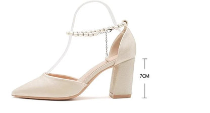 2025 New Elegant Pearl-Embellished Satin Heels - 5cm Chunky Low Heel Bridal Shoes with Adjustable Ankle Strap