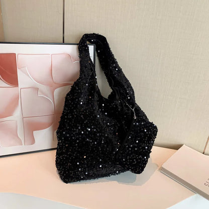 Tote Bag for Women Sequin Shoulder Bag Trendy Hobo Bag Luxury Designer Handbag Slouchy Underarm Bag for Work Travel Shopping