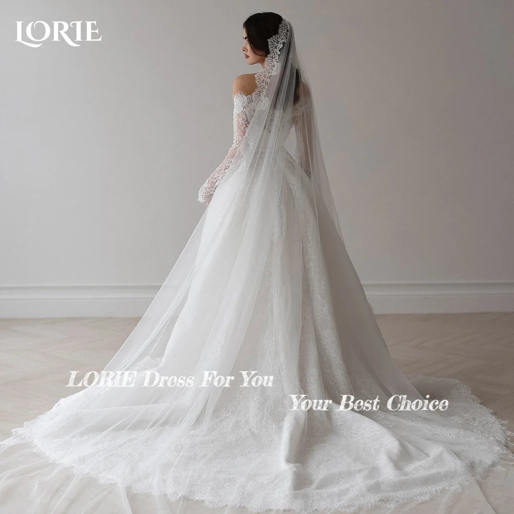 LORIE Boho Wedding Dress Off Shoulder Long Sleeve Lace Beach Princess Button Bridal GownCustomized A-Line Bohemian Bride Dresses