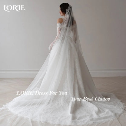 LORIE Boho Wedding Dress Off Shoulder Long Sleeve Lace Beach Princess Button Bridal GownCustomized A-Line Bohemian Bride Dresses