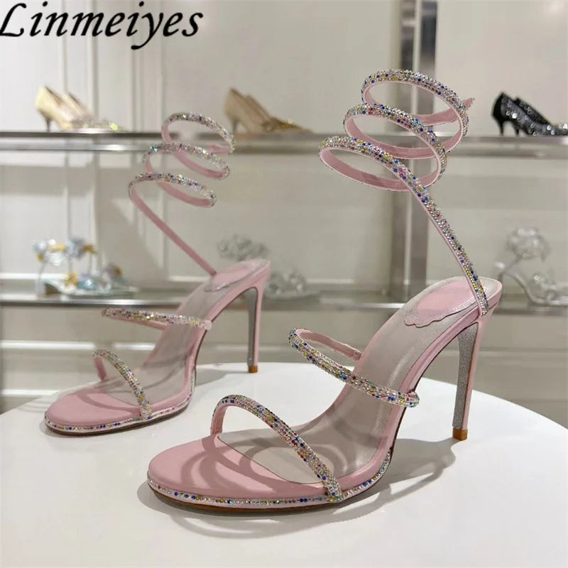 Summer Crystal Gladiator Sandals Women Rhinestone Twine Around Ankle Snake Wedding Shoes High Heels Sandals Woman
