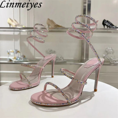 Summer Crystal Gladiator Sandals Women Rhinestone Twine Around Ankle Snake Wedding Shoes High Heels Sandals Woman