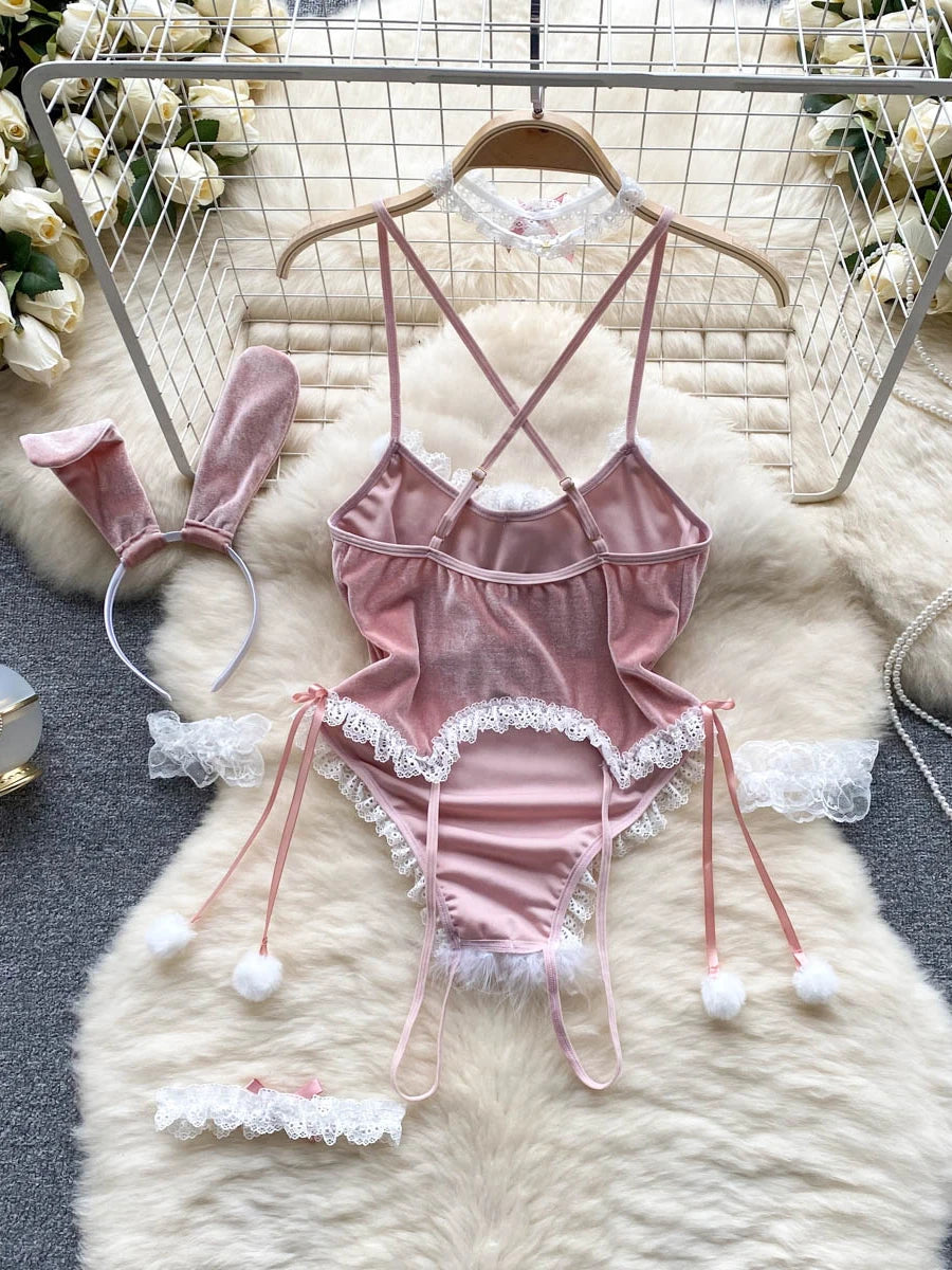Coquette Lace Lingerie Set Sexy Mesh Bodysuit Valentines Day Sleepwear Gothic Strappy Catsuit Intimate Nightwear Romper