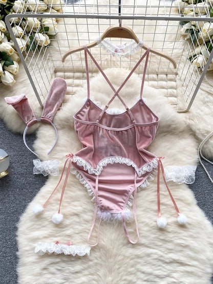 Coquette Lace Lingerie Set Sexy Mesh Bodysuit Valentines Day Sleepwear Gothic Strappy Catsuit Intimate Nightwear Romper