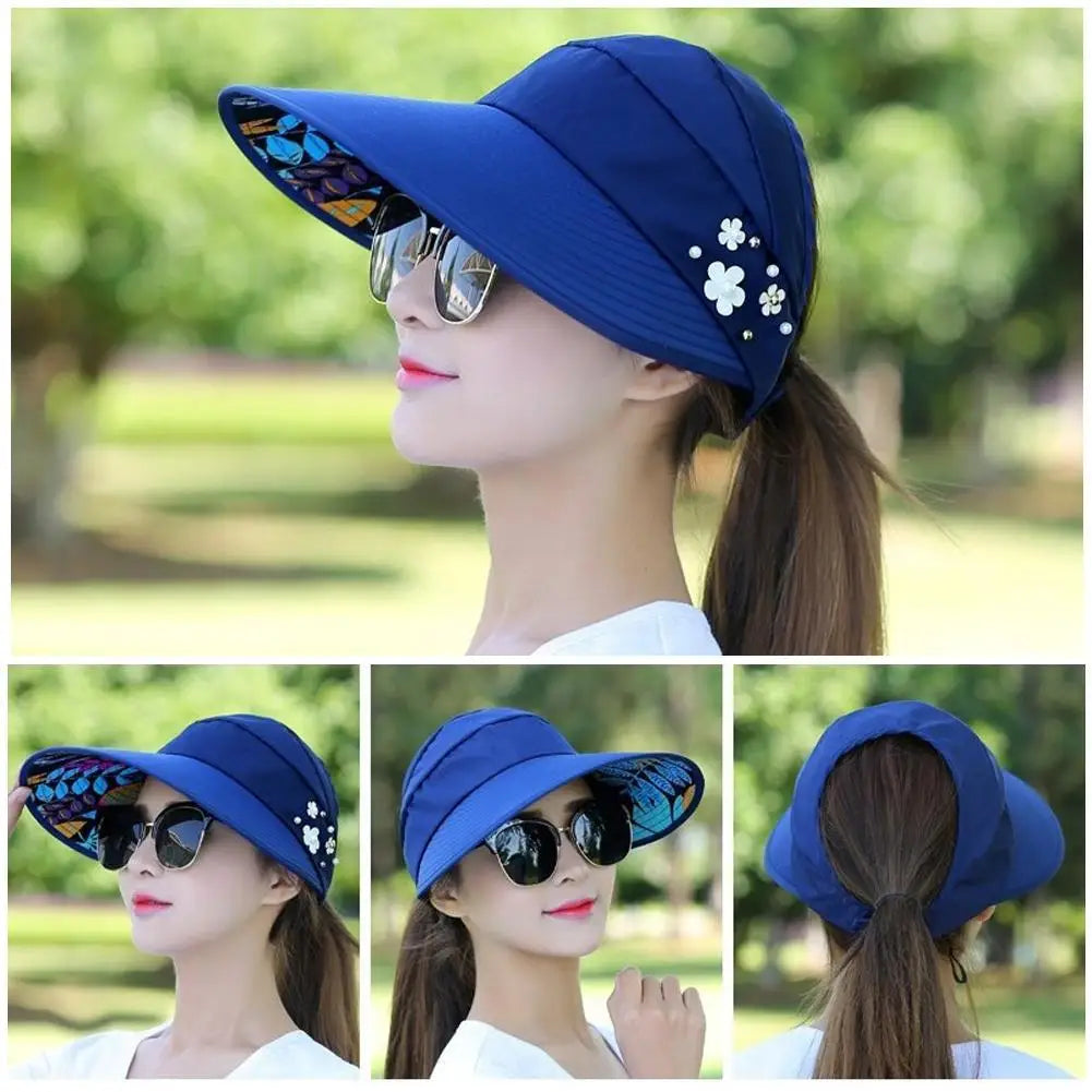 Women Summer Empty Top Sun Protection Cap Large Brim Anti-UV Ponytail Hat For Women Outdoor Travel Beach Visor Fisherman Hats