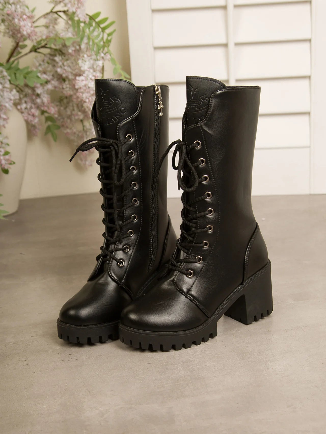 Autumn Women's Mid Calf Boots Chunky Heel Round Toe Platform Boots Black Leather Side Zip Botas Mujer Large Size 35-43 Fashion