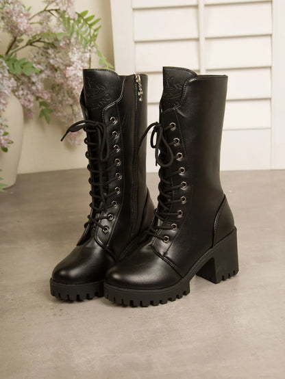 Autumn Women's Mid Calf Boots Chunky Heel Round Toe Platform Boots Black Leather Side Zip Botas Mujer Large Size 35-43 Fashion