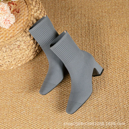 Black Square Toe Knit Sock Boots Elastic Slim Thick Block Heel High Heels Short Boots Fashion Autumn Casual Skinny Ankle Boots
