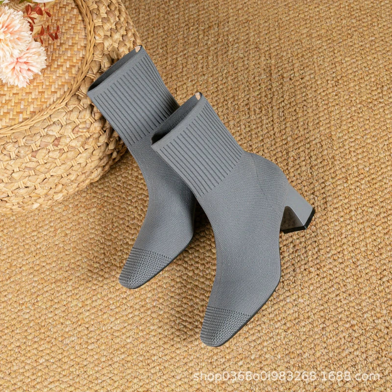 Black Square Toe Knit Sock Boots Elastic Slim Thick Block Heel High Heels Short Boots Fashion Autumn Casual Skinny Ankle Boots