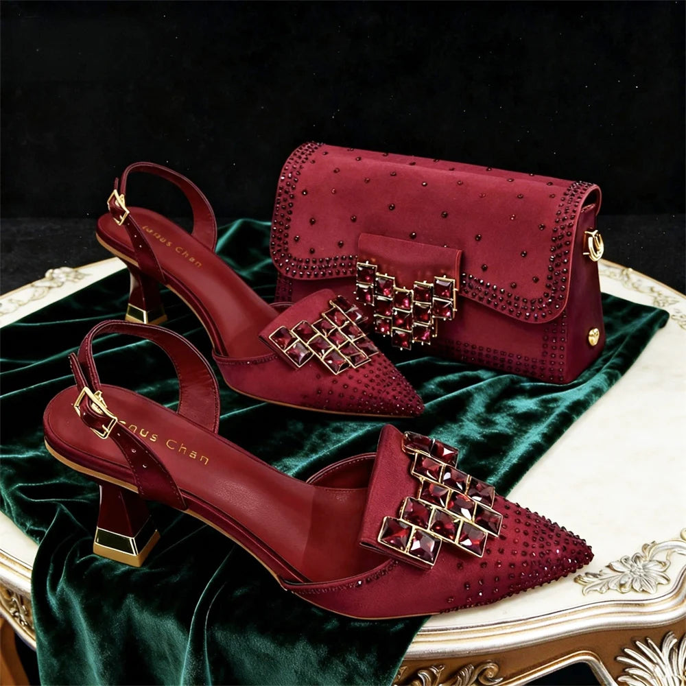 Mineral Blue Rhinestone High Heel Shoes & Matching Bag Fashionable Pointed-Toe Footwear for Women - Perfect for Parties