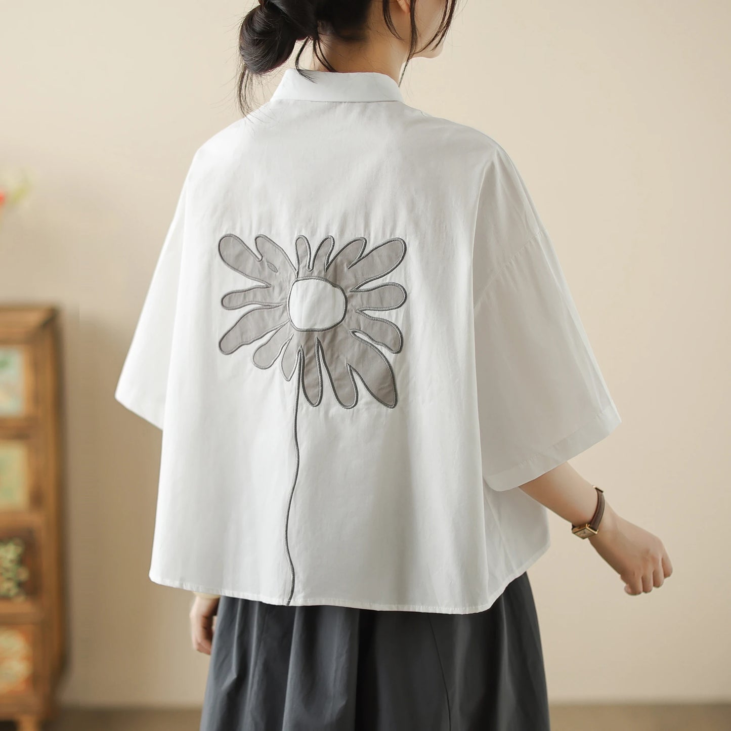 High-End Korean Japanese Artistic ort Sve Cotton Linen Embroidered irt Summer Wear Pear ape Fitting Women's Top