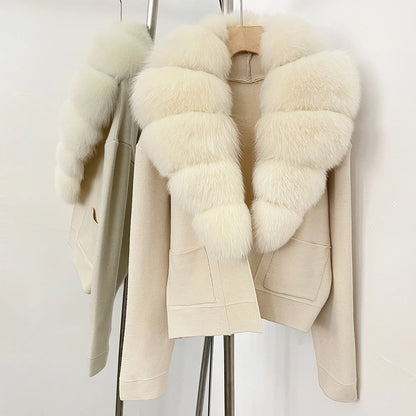 OFTBUY Loose Fit Warm Winter Fashion Lady Outerwear Sweater Female 2025 New Women's Knit Cardigan with Large Real Fox Fur Collar