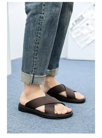 Mens Leather Slippers Comfortable Breathable Summer Big Size Sandals for Men with Soft Sole