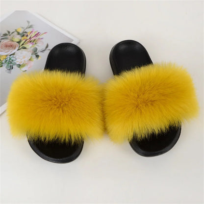 Women's Summer Faux Fur Fox Fur Slippers Fashion Luxury Indoor and Outdoor Non-Slip Solid Color Flat Bottom Furry Sandals