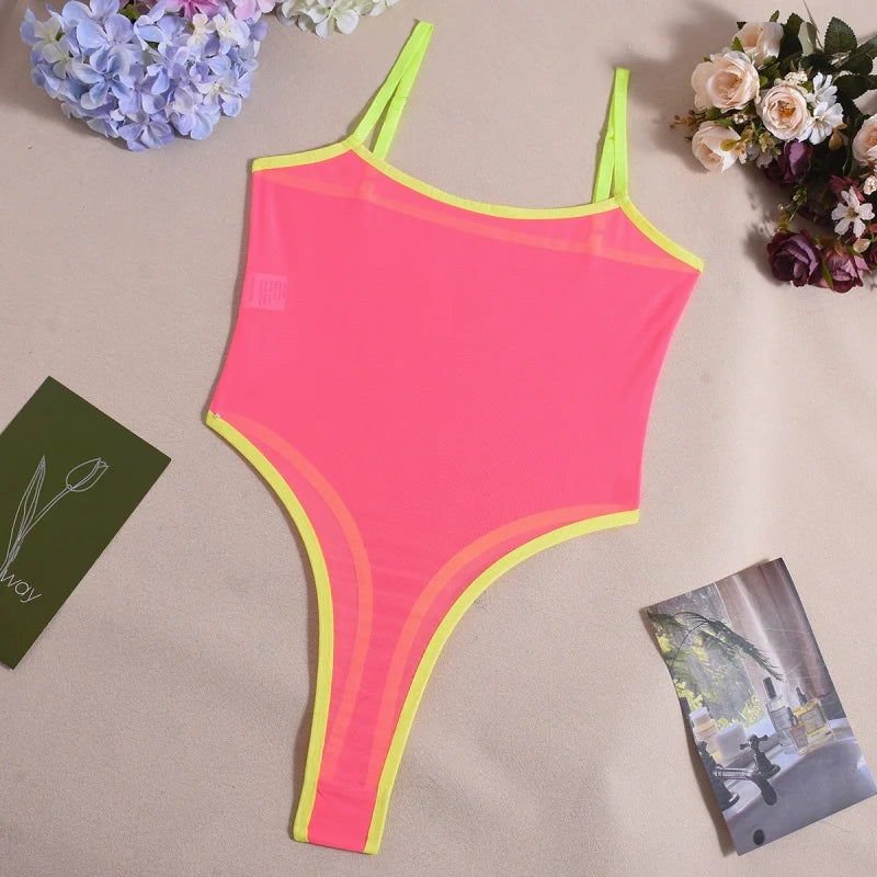 Sexy Lingerie for Woman Neon Pink Sheer Mesh Bodysuit Slimming Body Spaghetti Strap One Piece Lingerie Teddy Sleeveless Jumpsuit