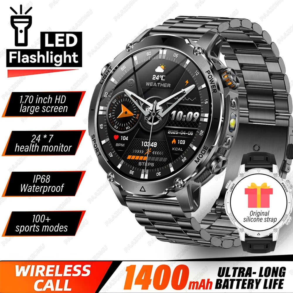 Brand+1400mAh Big Battery Smartwatch Men 1.7" AMOLED 200-Day Standby Swim Diving Waterproof GPS Military Tactical SOS 100 Sports