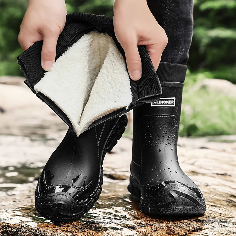 Mens High Top Rain Boots Mid Tube Couple Chef Shoes Thick Soled Long Tube Boot Outdoor Plush Warm Casual Boots Winter Water Shoe