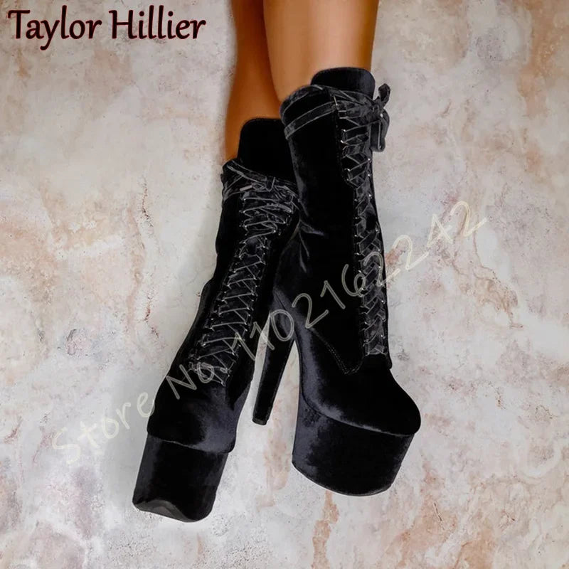 Velvet Super High Heel Ankle Boots Sexy Side Zipper Lace-Up Nightclub Thick-Soled Ankle Boots Elegant Catwalk Pole Dance Boots