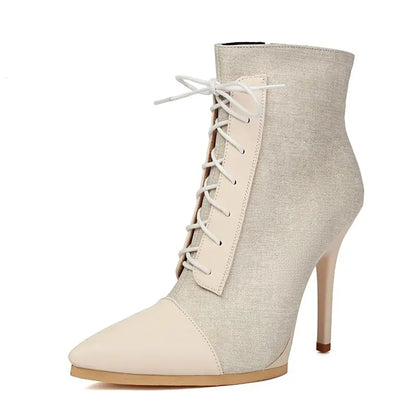 ANOVISHANA Elegant Fmeale Ankle Boots Pointed Toe 11cm Thin High Heels Zipper Lace Up Mixed Color Large Size 40 41 Short Autumn