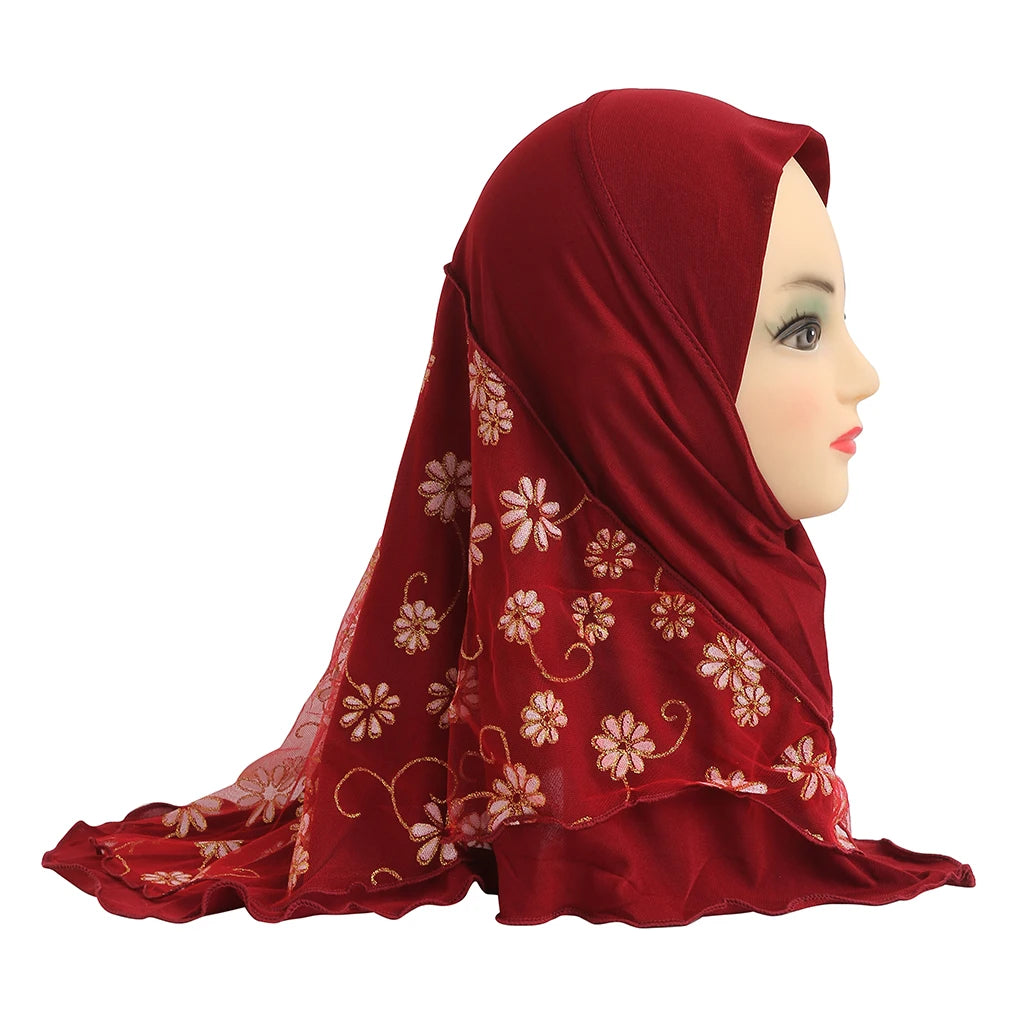 H043 beautiful small girl hijab with flower net cute hijab hats women's caps can fit 2-6 years old girls muslim baby headscarf