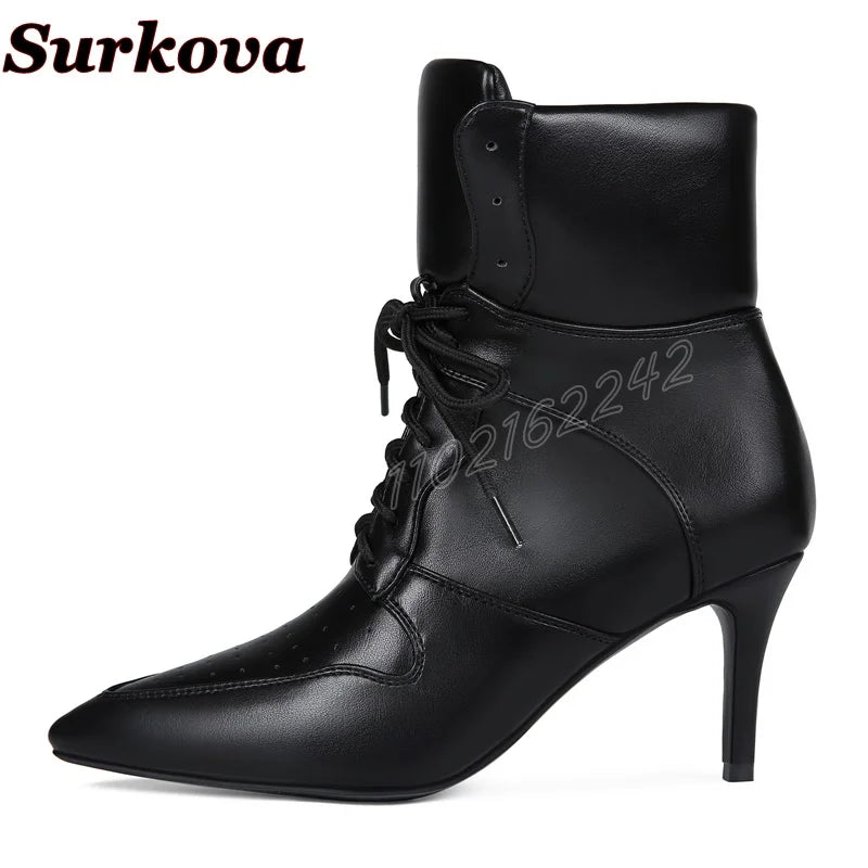 Women'S Black Stitching Lace-Up Short Boots Pointed Toe Stiletto Breathable Sports Boots   Casual All-Match Party Bare Boots 47