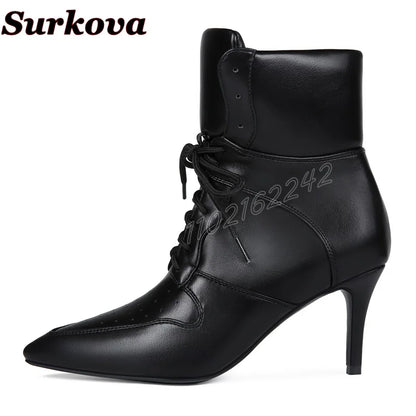 Women'S Black Stitching Lace-Up Short Boots Pointed Toe Stiletto Breathable Sports Boots   Casual All-Match Party Bare Boots 47