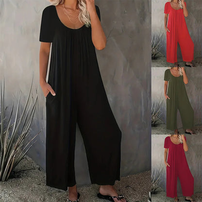 Plus Size 0XL-5XL Summer Rompers Overalls Women's Solid Color Jumpsuit with Pockets Casual Fashion Short Sleeve Jumpsuits
