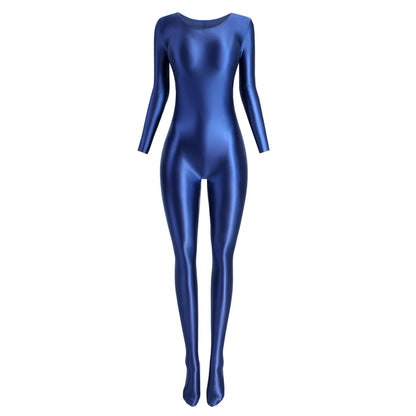 MJINM Women Smooth Overalls Long Sleeve Tights Round Neck Full Length Stretch Zentai Bodysuits Yoga Fitness One Piece Jumpsuits