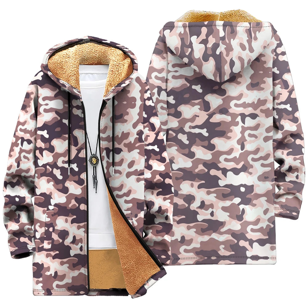 Winter Cozy Camouflage Fleece-Lined Hooded Jackets Warm Tactics Style Coats Faux Fur Outdoor Camping Casual Streetwear Fashion