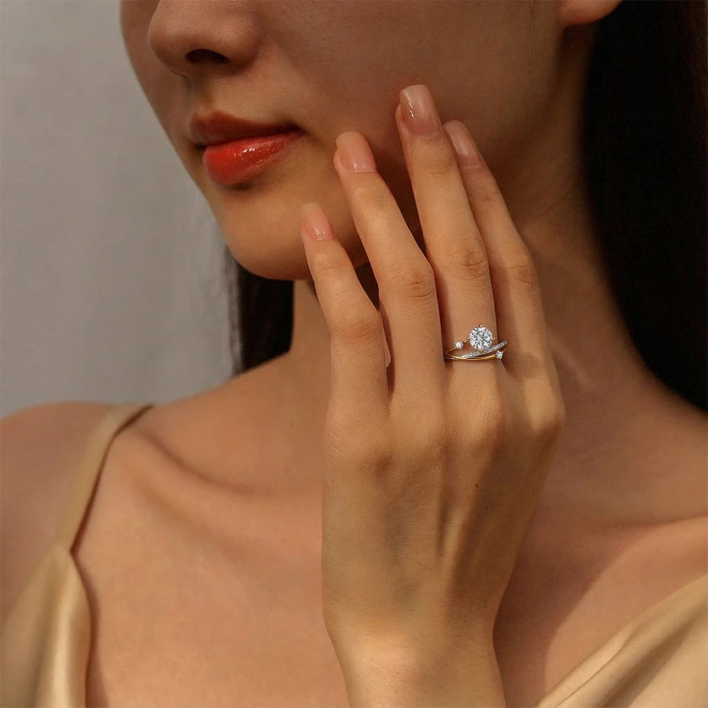 Trumium 1CT VVS1 Moissanite Rings for Women Star Trail Band 925 Sterling Sliver Engagement Ring with Certificate Gold Plated