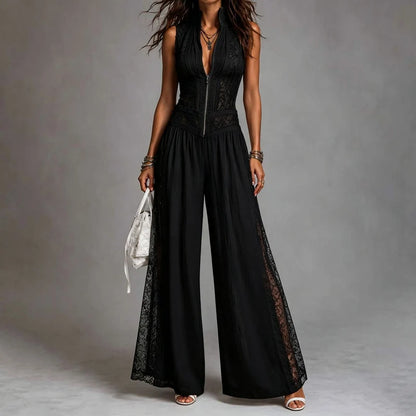 Summer High Waist Women's Solid Playsuits Stand Collar Fashion Lace Hollow Out Jumpsuit Elegant Sleeveless Slim Wide Leg Rompers