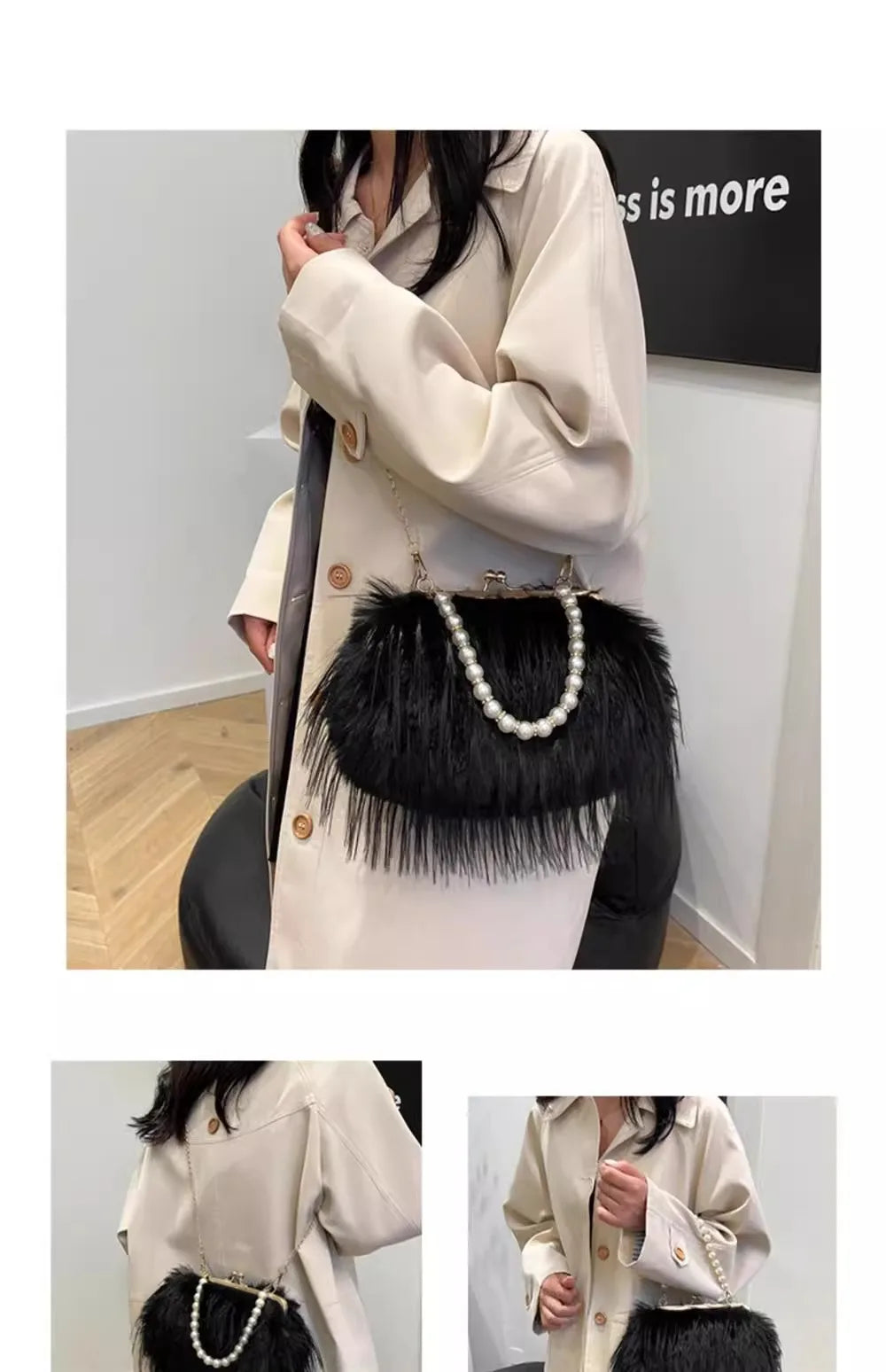 Beading Chain Women's Evening Plush Handbags Faux Fur Tassel Ladies Shoulder Bag Elegant Female Crossbody Bags Party Furry Purse