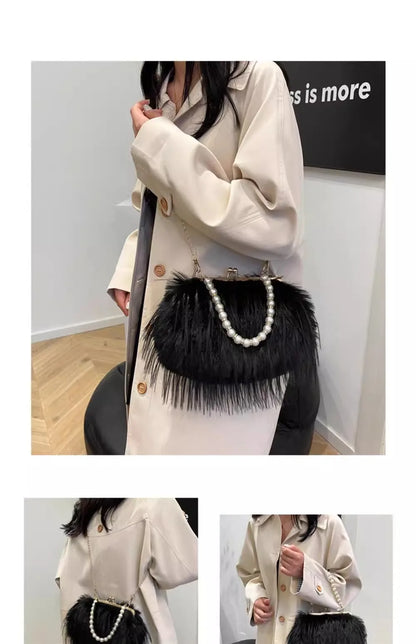 Beading Chain Women's Evening Plush Handbags Faux Fur Tassel Ladies Shoulder Bag Elegant Female Crossbody Bags Party Furry Purse