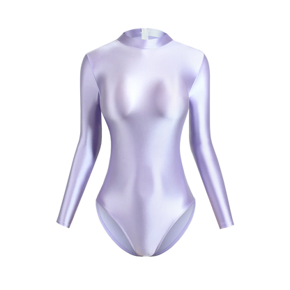 Satin Glossy Leotards Long Sleeve Back Zipper One Piece Swimsuit Sexy High-Cut Bikini Bodysuit Women Bathing Suit Plus Size