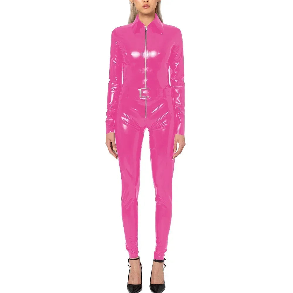 Plus Size Faux Latex Catsuit Elastic PVC Leather Zipper Long Sleeve Jumpsuit Tight Sexy Cosplay Rompers Ankle-length Club Zentai