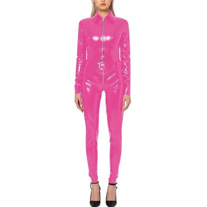 Plus Size Faux Latex Catsuit Elastic PVC Leather Zipper Long Sleeve Jumpsuit Tight Sexy Cosplay Rompers Ankle-length Club Zentai