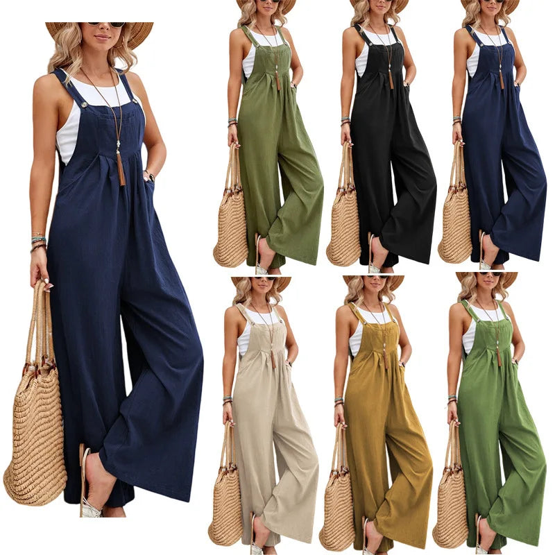 Women Casual Straps Jumpsuits Summer Autumn Harajuku Slim Wide Leg Trousers Dungaree Bib Overalls Elegant Sleeveless BF Jumpsuit