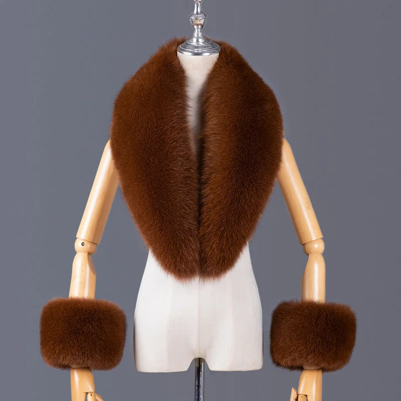 Real Fox Fur Collar Women Natural Fur Scarf And Cuff Set Luxury Women Coat Jacket Fur Shawl Neck Warm Scarves Fashion Fur Shawl