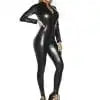 Women's Bodysuit Zip Front Glossy Full Body Suit Wet Look Leather Zip Back Catsuit Clubwear for Dance Theater Shows Black